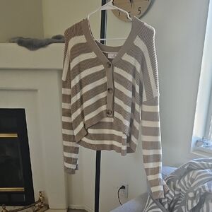 Striped Taupe and Cream Button-Front Women's Sweater